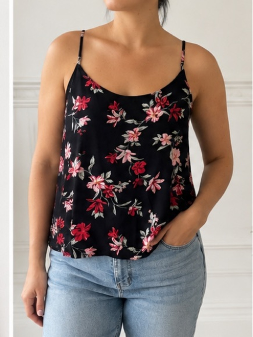 Divided Black Floral Spaghetti-Strap Cami